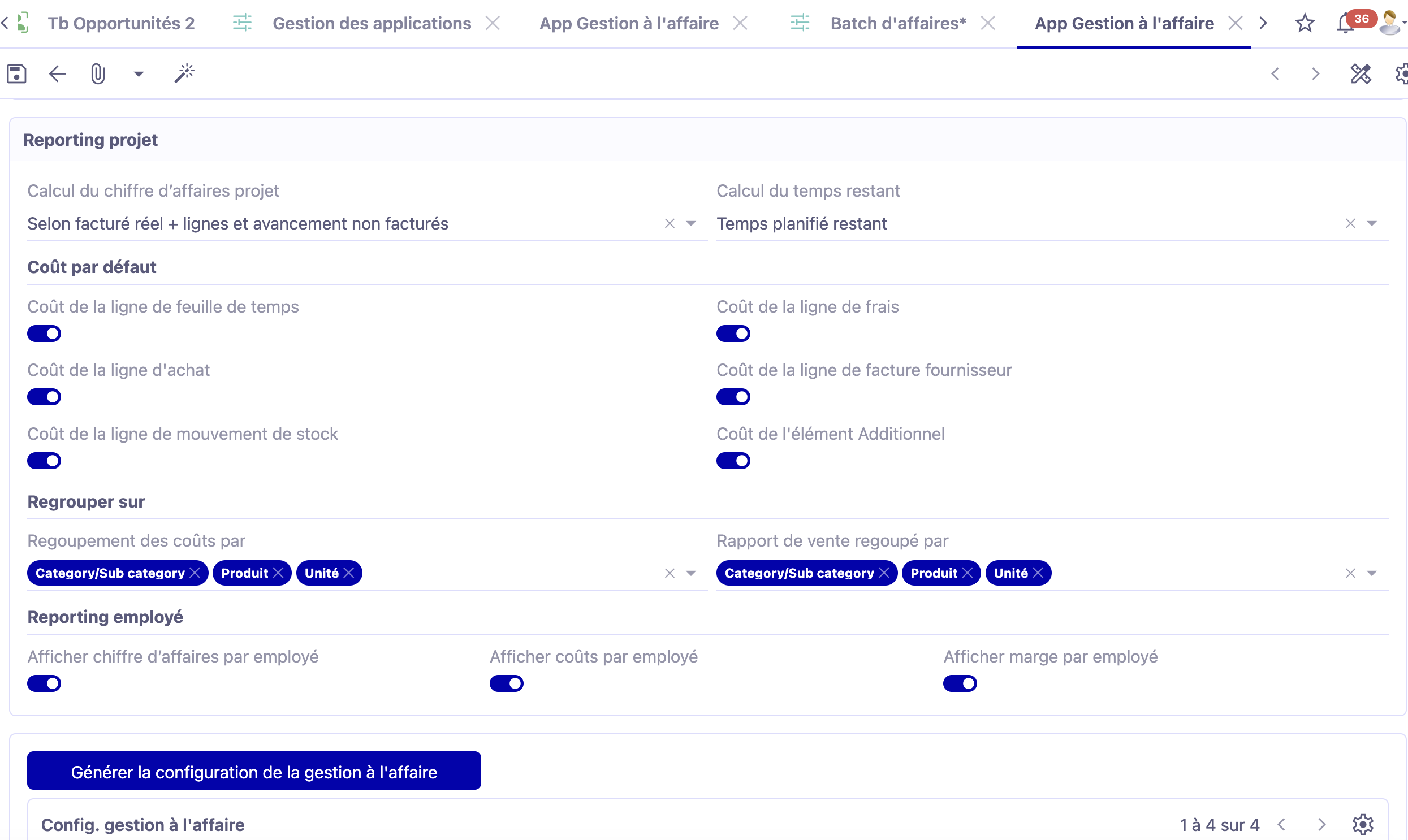 1.1. Configurations Reporting projet & Coûts par défaut. Accès: Config applicative → Gestion des applications → Gestion à l’affaire, configurer → sélectionner les options dans la partie Reporting projet.